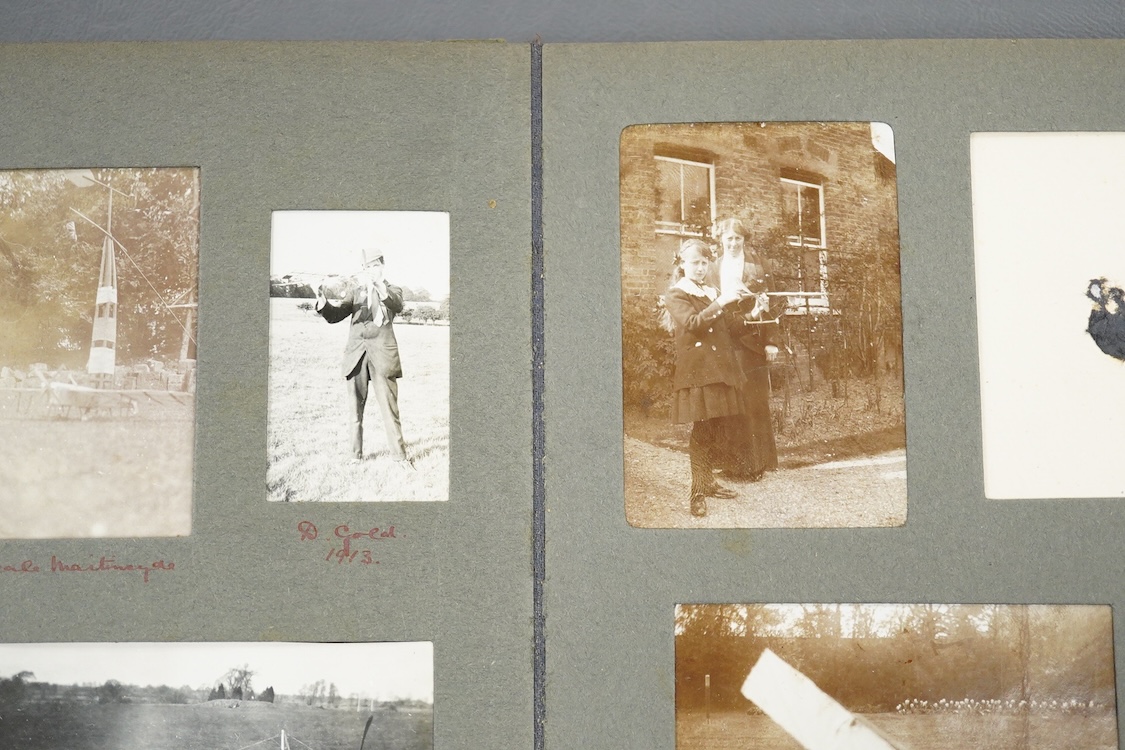 Aviation interest; an early 20th century photograph album containing a number of views of early aircraft and cars, including; the aviator Reginald Marix flying a Sopwith Camel to Radley College in 1914, early cars at Hen